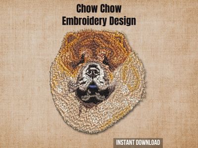 Chow Chow embroidery design mockup on a textured brown background with "Instant Download" text.