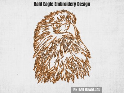 Brown sketch-style embroidery of a Bald Eagle head, featured on a textured beige fabric background with text.