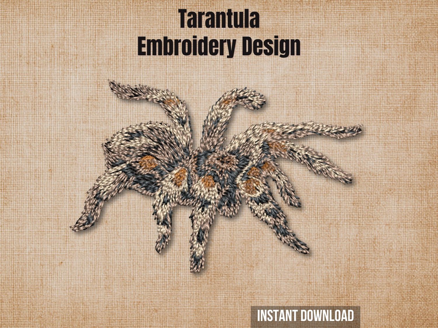 Tarantula embroidery design mockup on a textured brown background with "Instant Download" text.