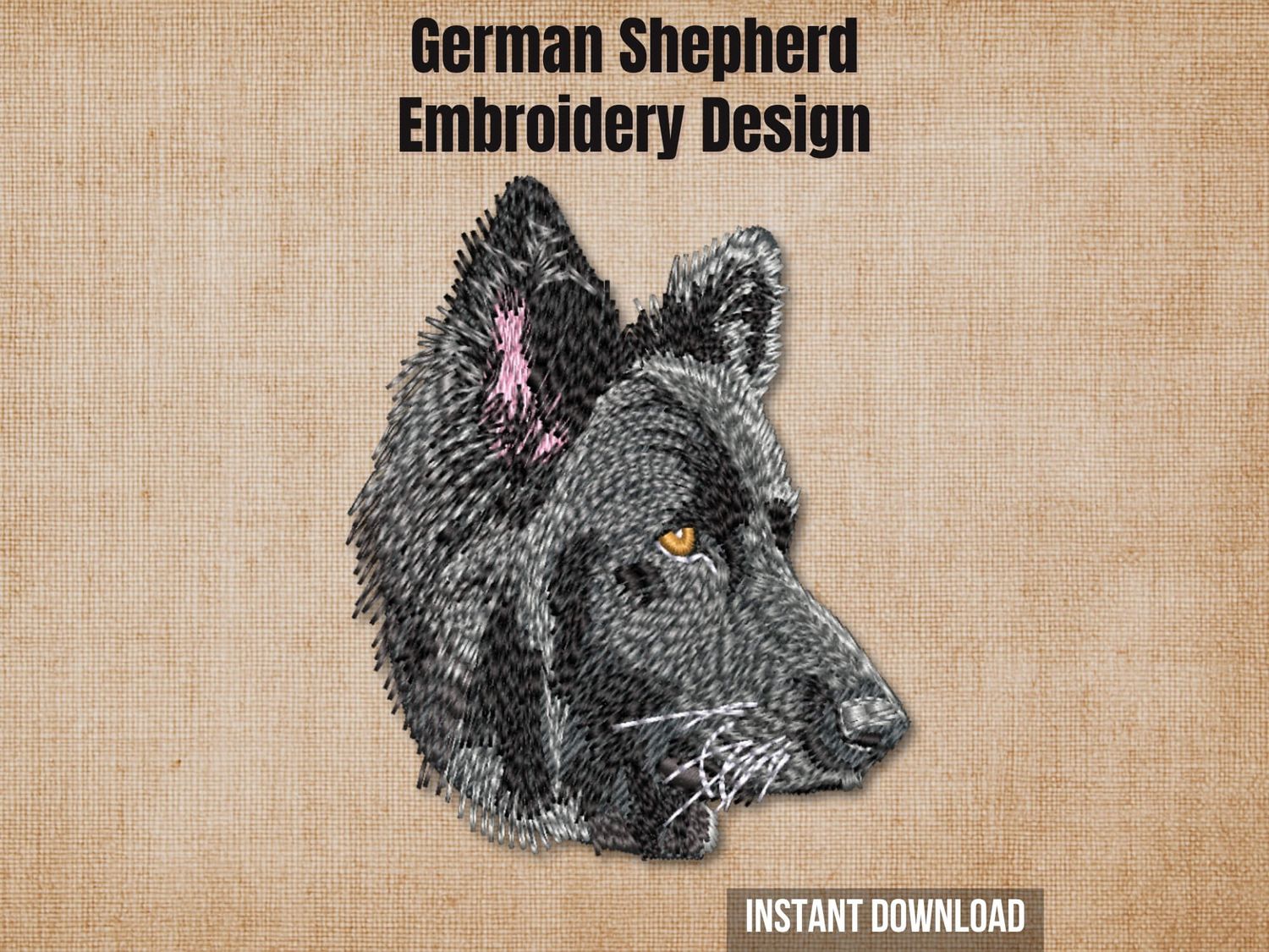 German Shepherd embroidery design mockup on a textured brown background with "Instant Download" text.