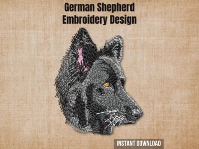 German Shepherd embroidery design mockup on a textured brown background with "Instant Download" text.
