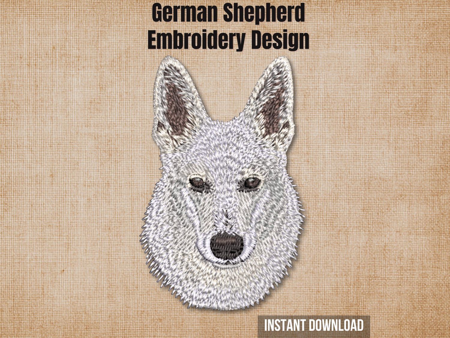 Digital render of a White German Shepherd embroidery design on textured fabric, with text "Instant Download".
