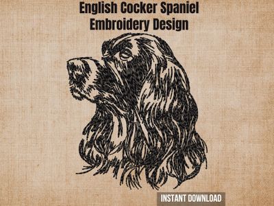 Digital render of English Cocker Spaniel blackwork outline embroidery design with text.