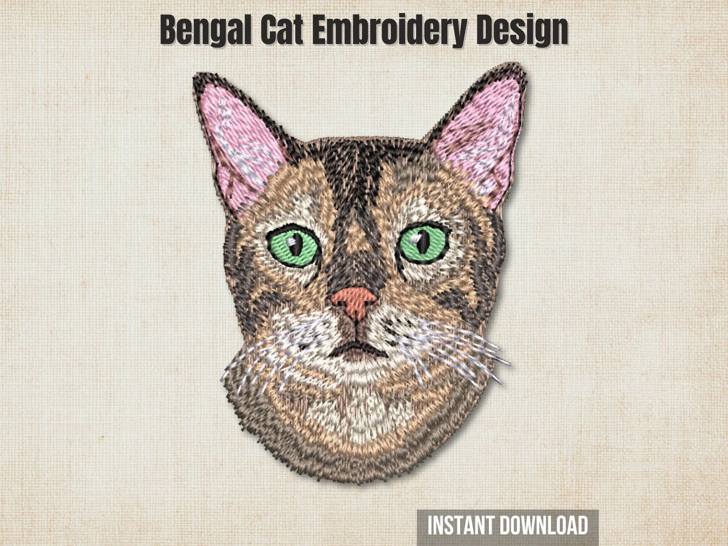 An embroidered Bengal cat head design with green eyes, displayed on a textured beige background with promotional text.