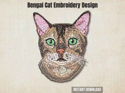 An embroidered Bengal cat head design with green eyes, displayed on a textured beige background with promotional text.