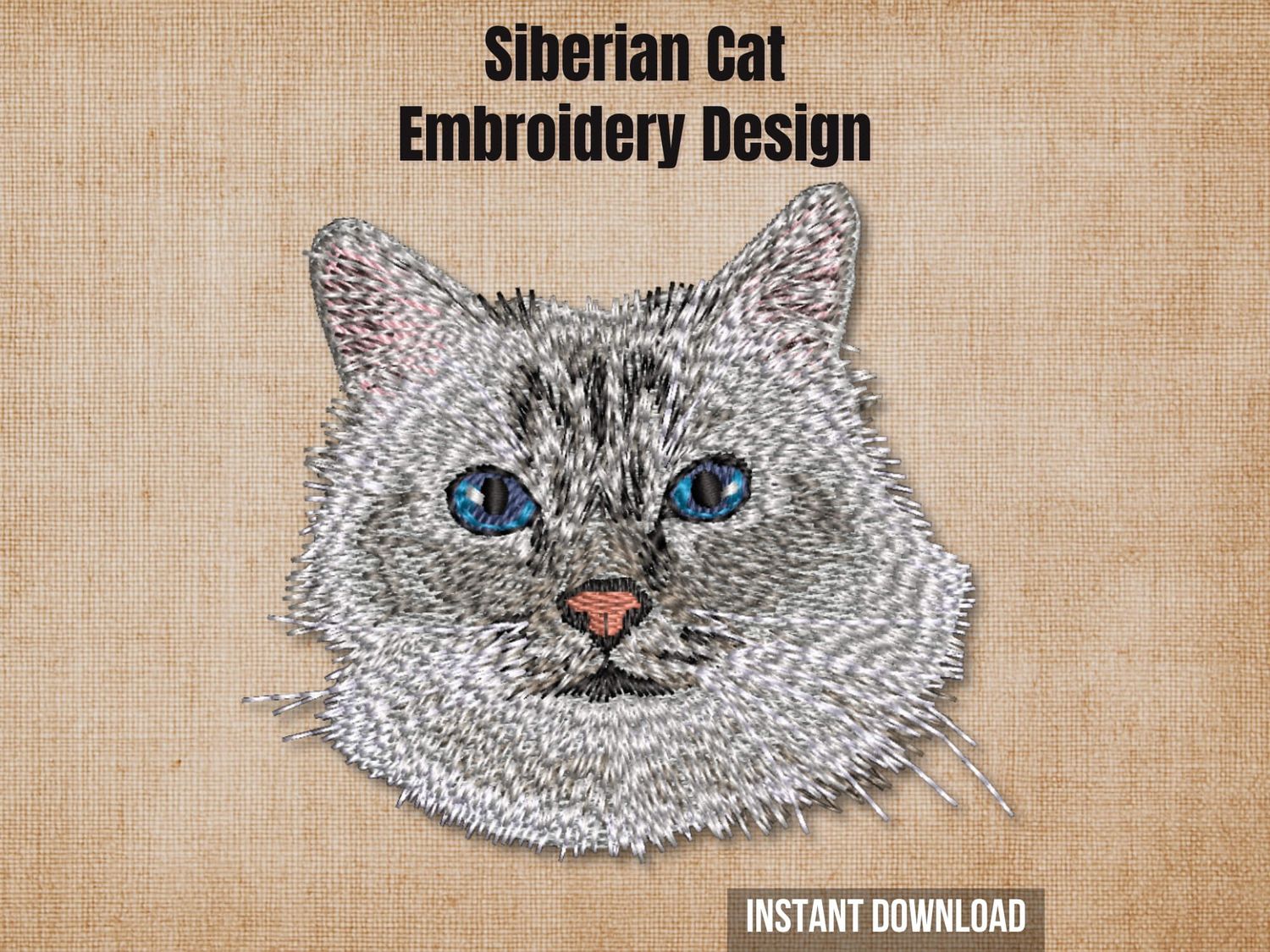 Siberian cat embroidery design mockup on a textured brown background with "Instant Download" text.