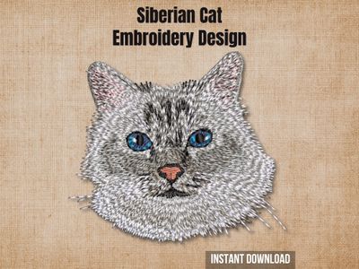 Siberian cat embroidery design mockup on a textured brown background with "Instant Download" text.