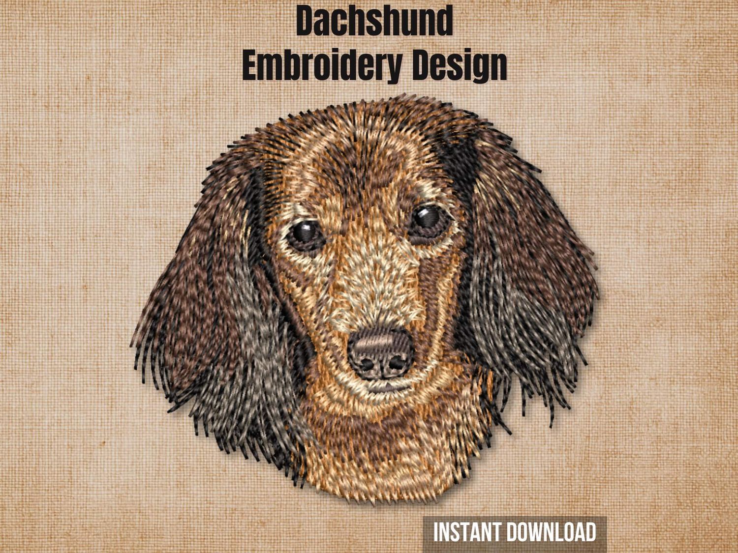 Textured burlap background highlighting the Longhaired Dachshund machine embroidery design with an instant download badge