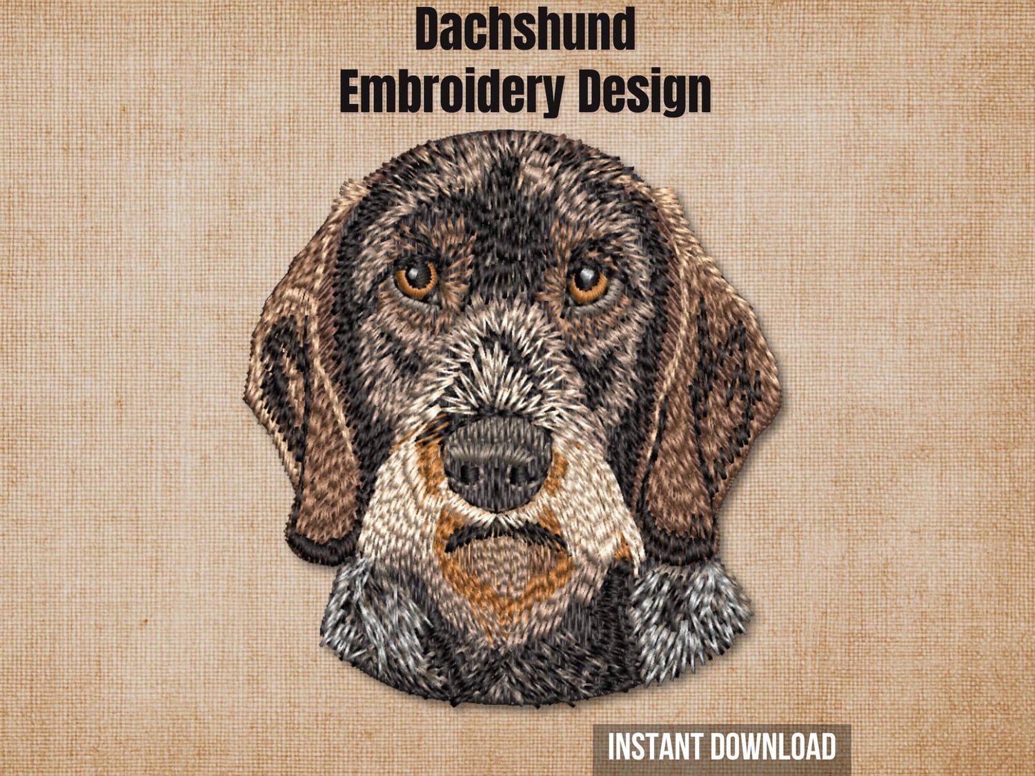 Textured burlap background highlighting the Wirehaired Dachshund machine embroidery design with an instant download tag