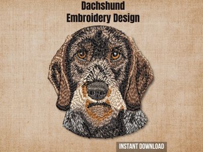Textured burlap background highlighting the Wirehaired Dachshund machine embroidery design with an instant download tag