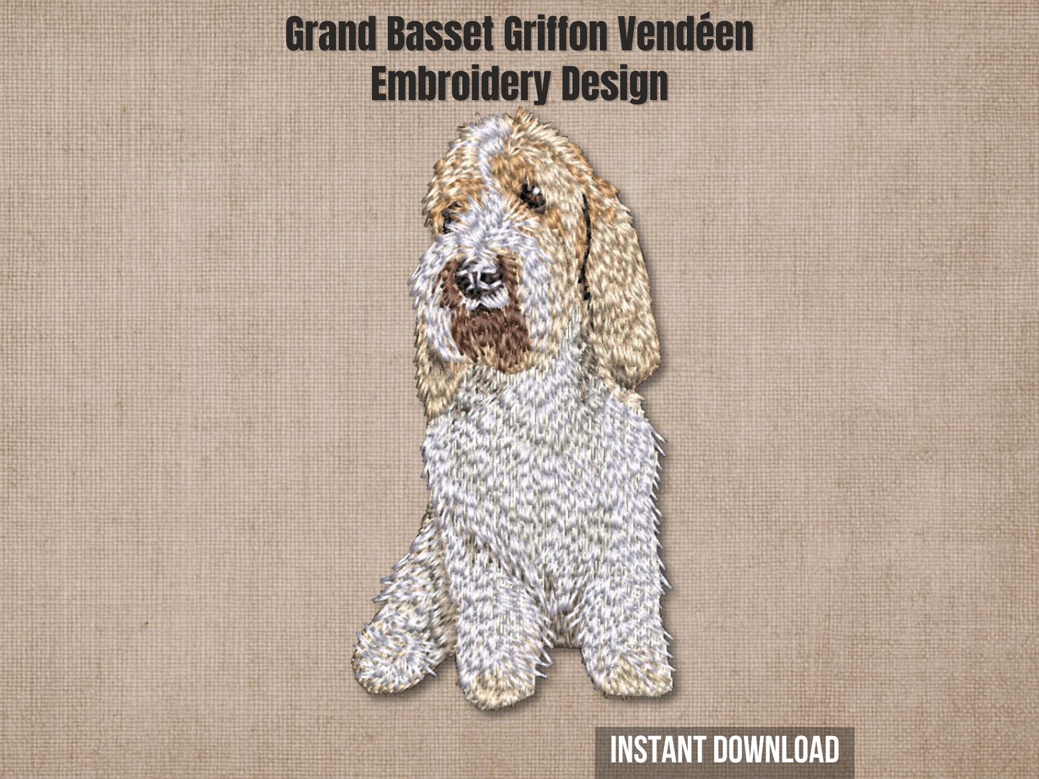 An embroidered Grand Basset Griffon Vendéen dog, displayed on a textured beige background with promo text.