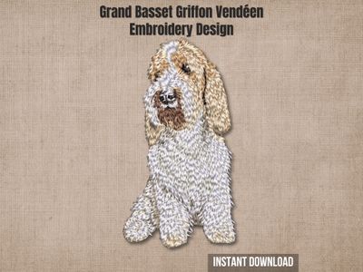 An embroidered Grand Basset Griffon Vendéen dog, displayed on a textured beige background with promo text.