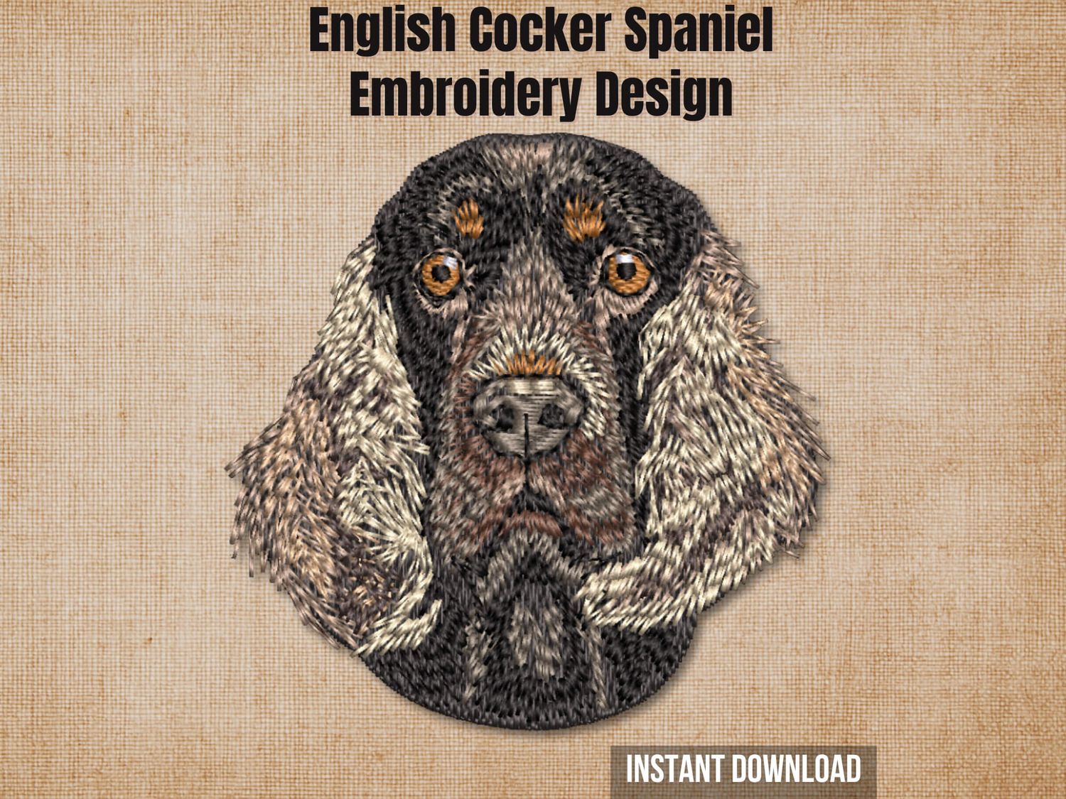 Textured natural burlap background highlighting the English Cocker Spaniel machine embroidery design with an instant download