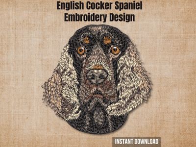 Textured natural burlap background highlighting the English Cocker Spaniel machine embroidery design with an instant download