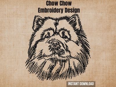 Textured burlap background highlighting the Chow Chow blackwork machine embroidery design with an instant download badge