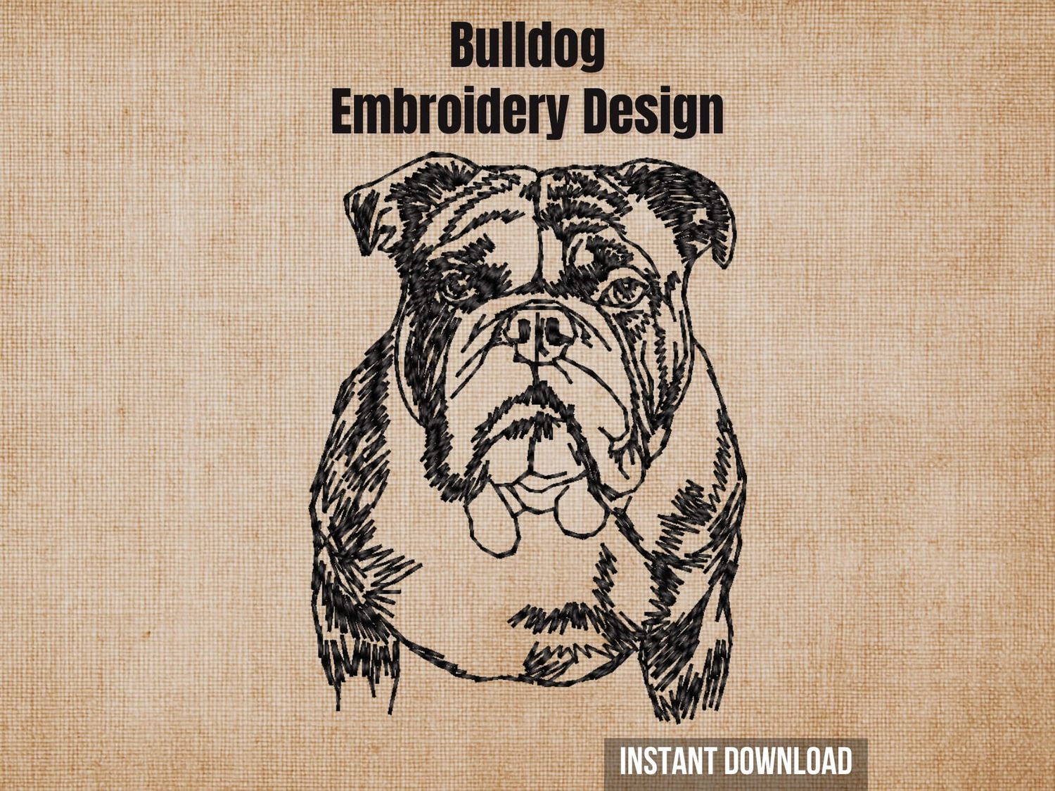 Bulldog sketch embroidery design mockup on a textured brown background with "Instant Download" text.