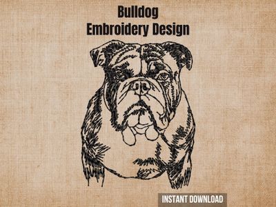 Bulldog sketch embroidery design mockup on a textured brown background with "Instant Download" text.