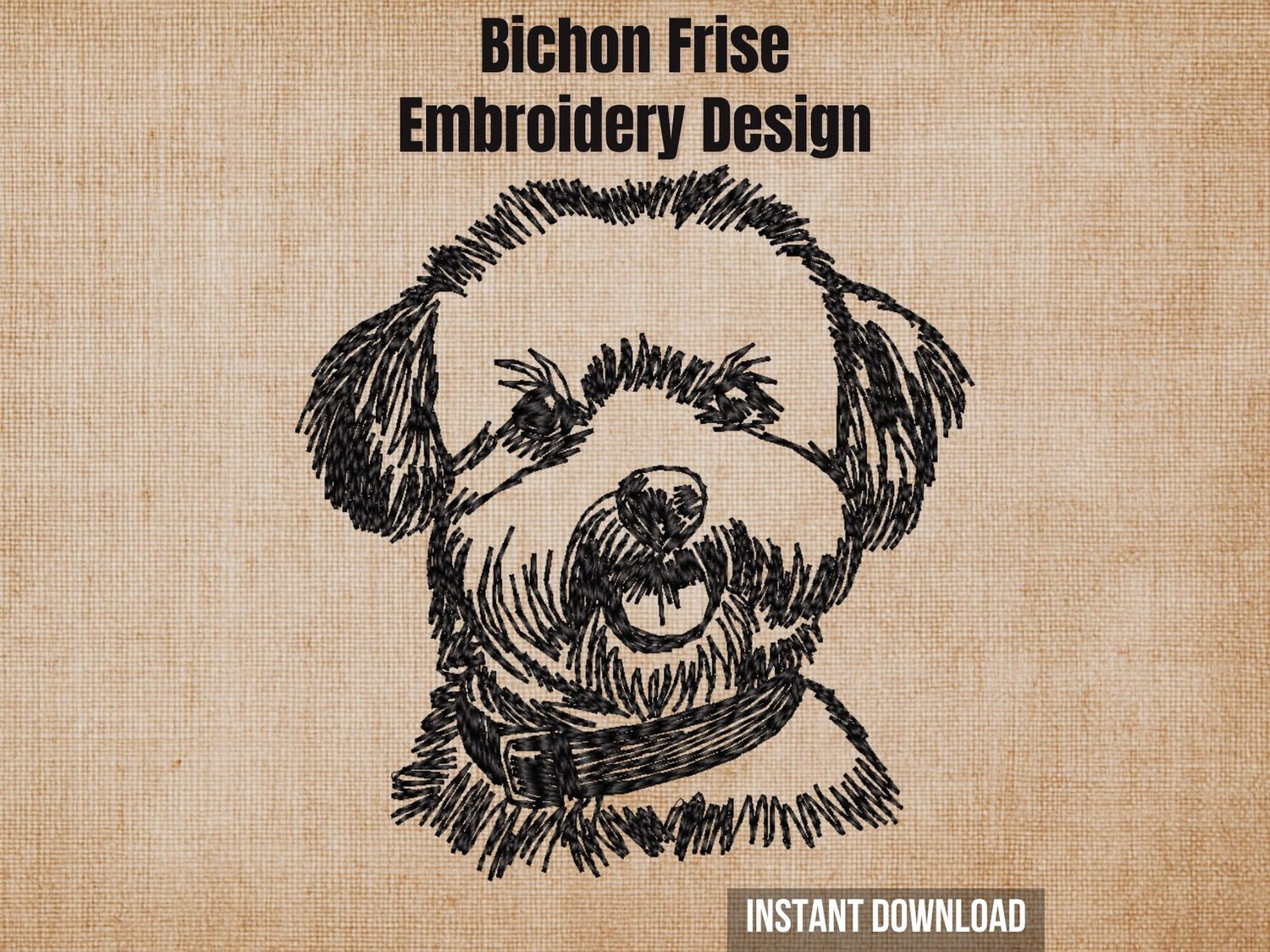 Bichon Frise sketch embroidery design mockup on a textured brown background with "Instant Download" text.