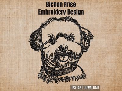 Bichon Frise sketch embroidery design mockup on a textured brown background with "Instant Download" text.