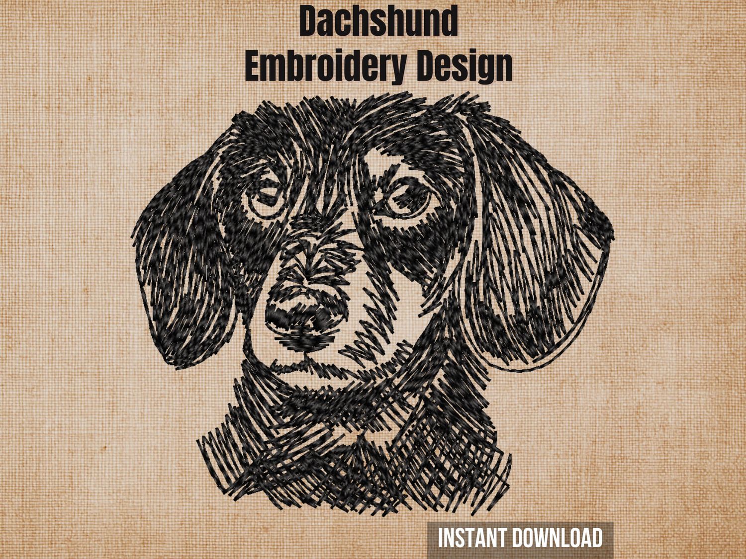 Digital render of a Dachshund blackwork embroidery design on textured fabric with text.