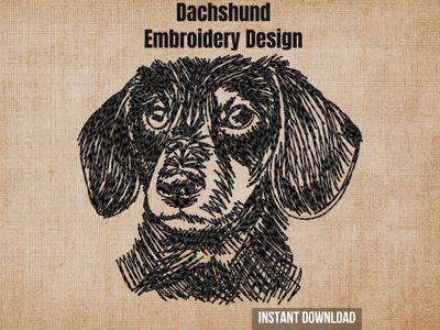 Digital render of a Dachshund blackwork embroidery design on textured fabric with text.