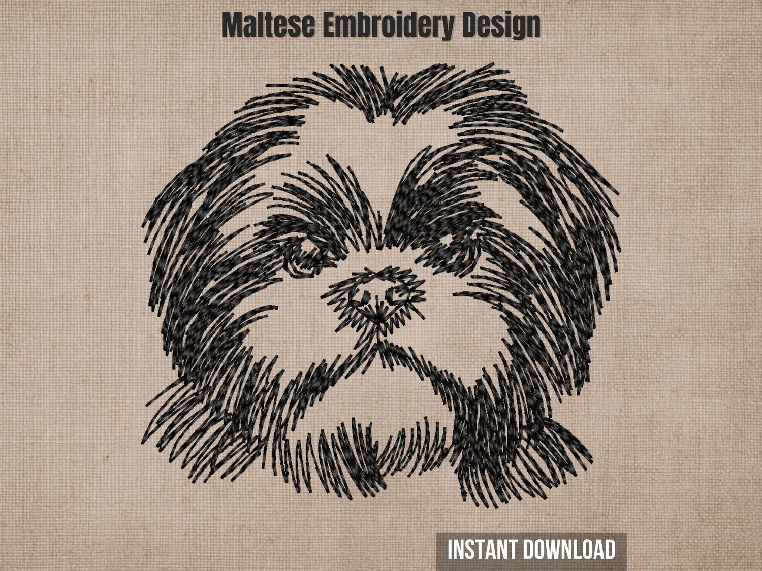 Black sketch-style embroidery of a Maltese dog head, featured on a textured beige fabric background with text.