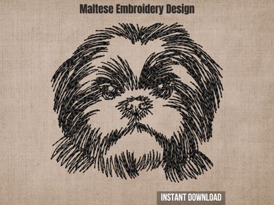 Black sketch-style embroidery of a Maltese dog head, featured on a textured beige fabric background with text.
