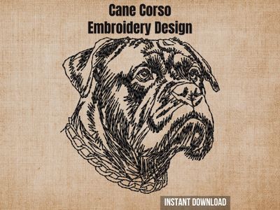 Cane Corso embroidery design mockup on a textured brown background with "Instant Download" text.