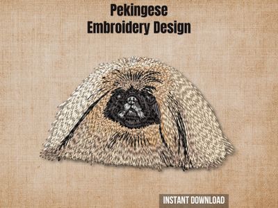 Pekingese embroidery design mockup on a textured brown background with "Instant Download" text.