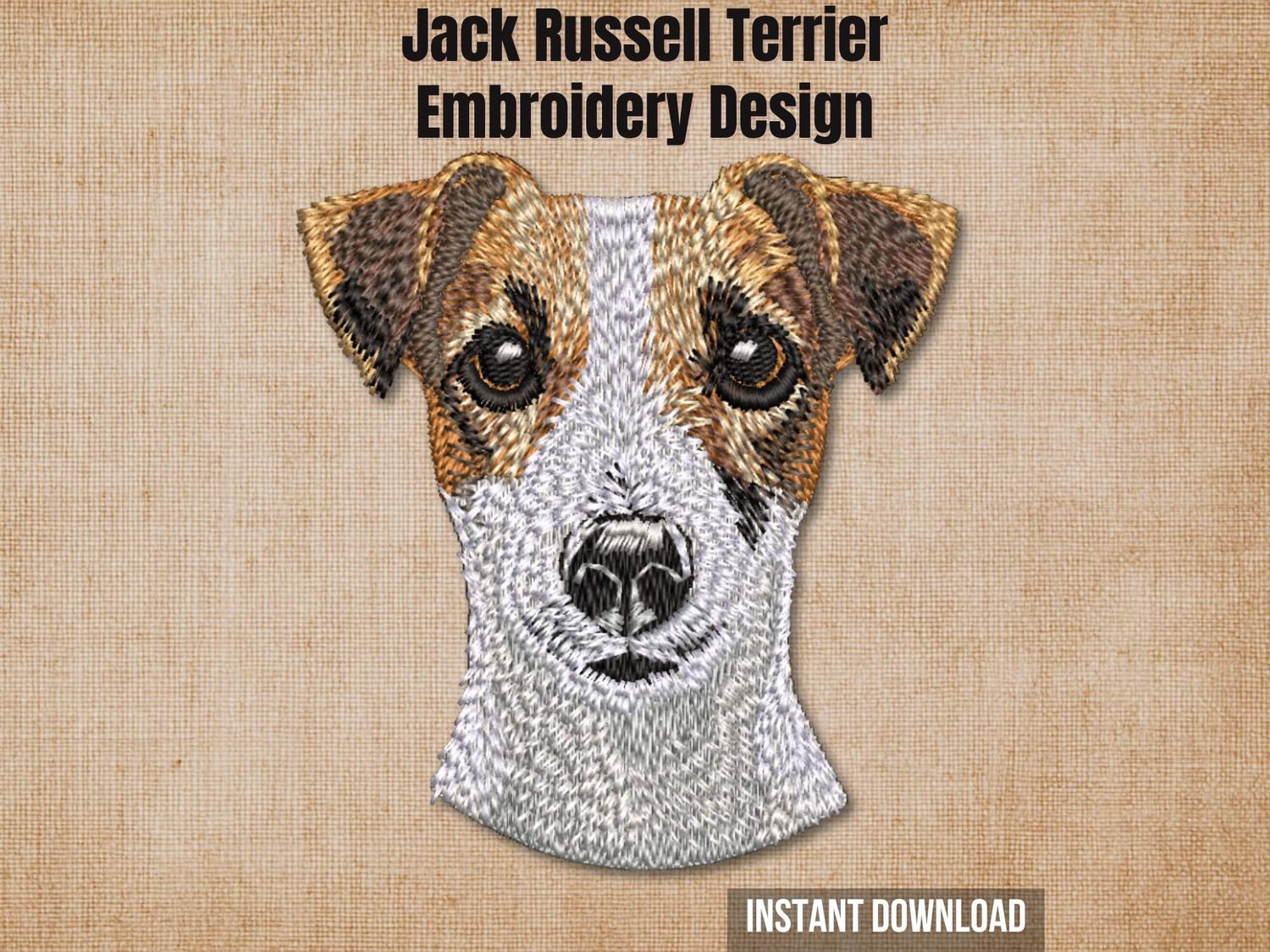 Textured burlap background highlighting the Jack Russell Terrier machine embroidery design with an instant download badge
