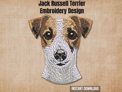 Textured burlap background highlighting the Jack Russell Terrier machine embroidery design with an instant download badge