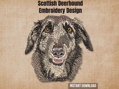 Digital render of a Scottish Deerhound embroidery design on textured fabric with text.