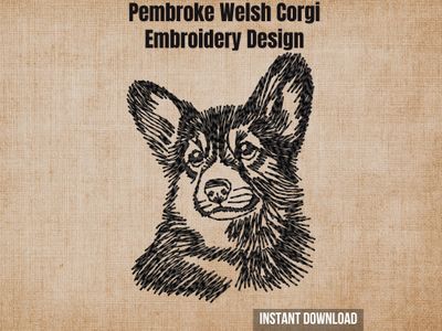 Digital render of a blackwork Pembroke Welsh Corgi embroidery design on textured fabric with text.