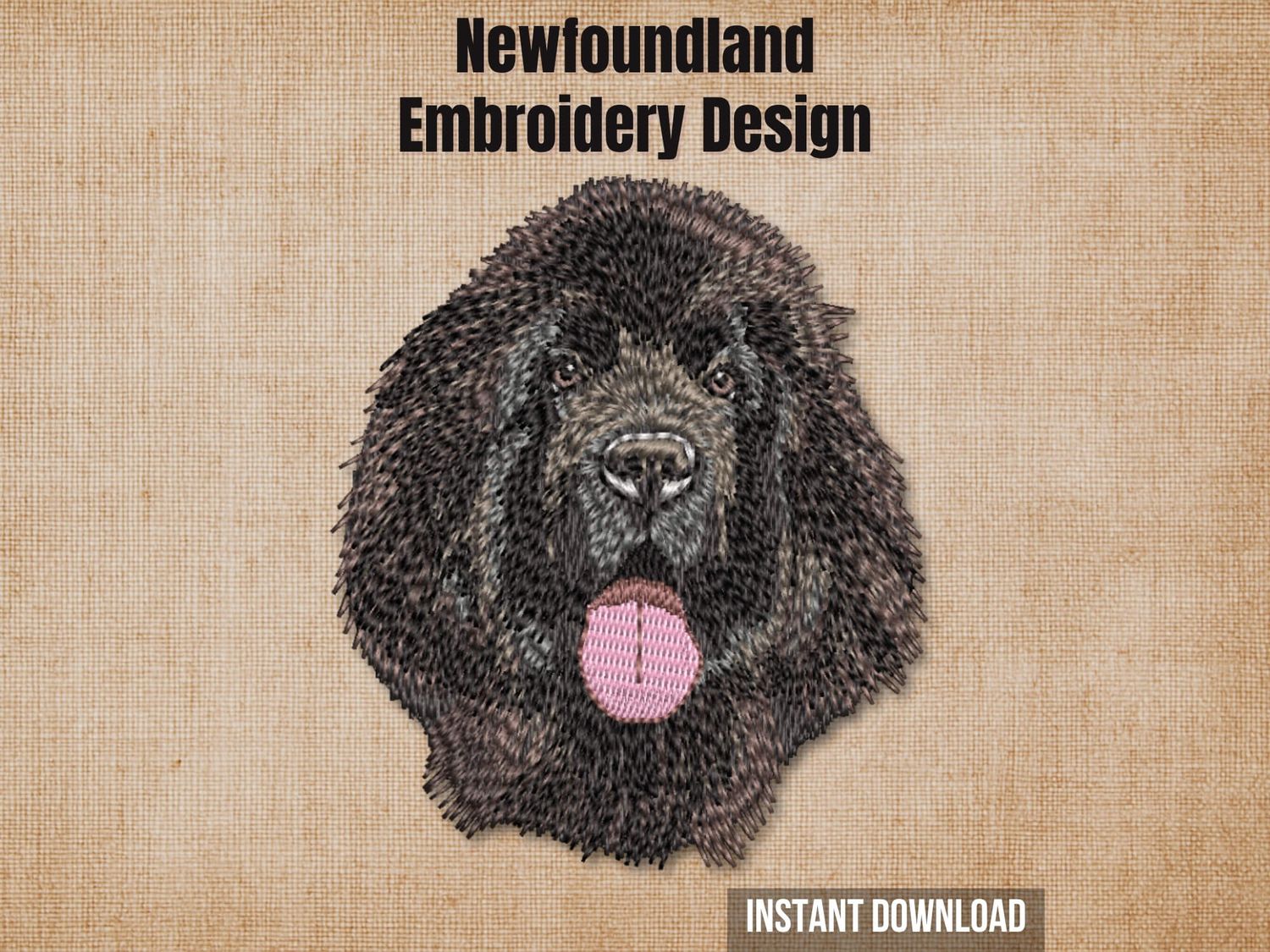 Newfoundland dog embroidery mockup on a textured brown background with "Instant Download" text.