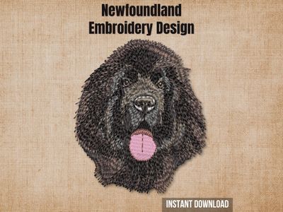 Newfoundland dog embroidery mockup on a textured brown background with "Instant Download" text.