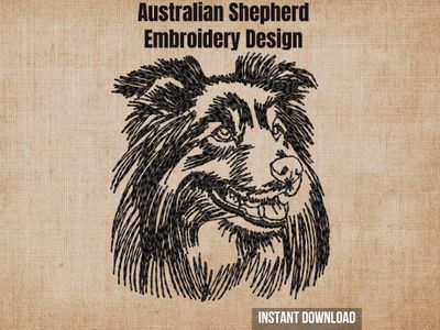 Digital render of an Australian Shepherd blackwork embroidery design on textured fabric with text.