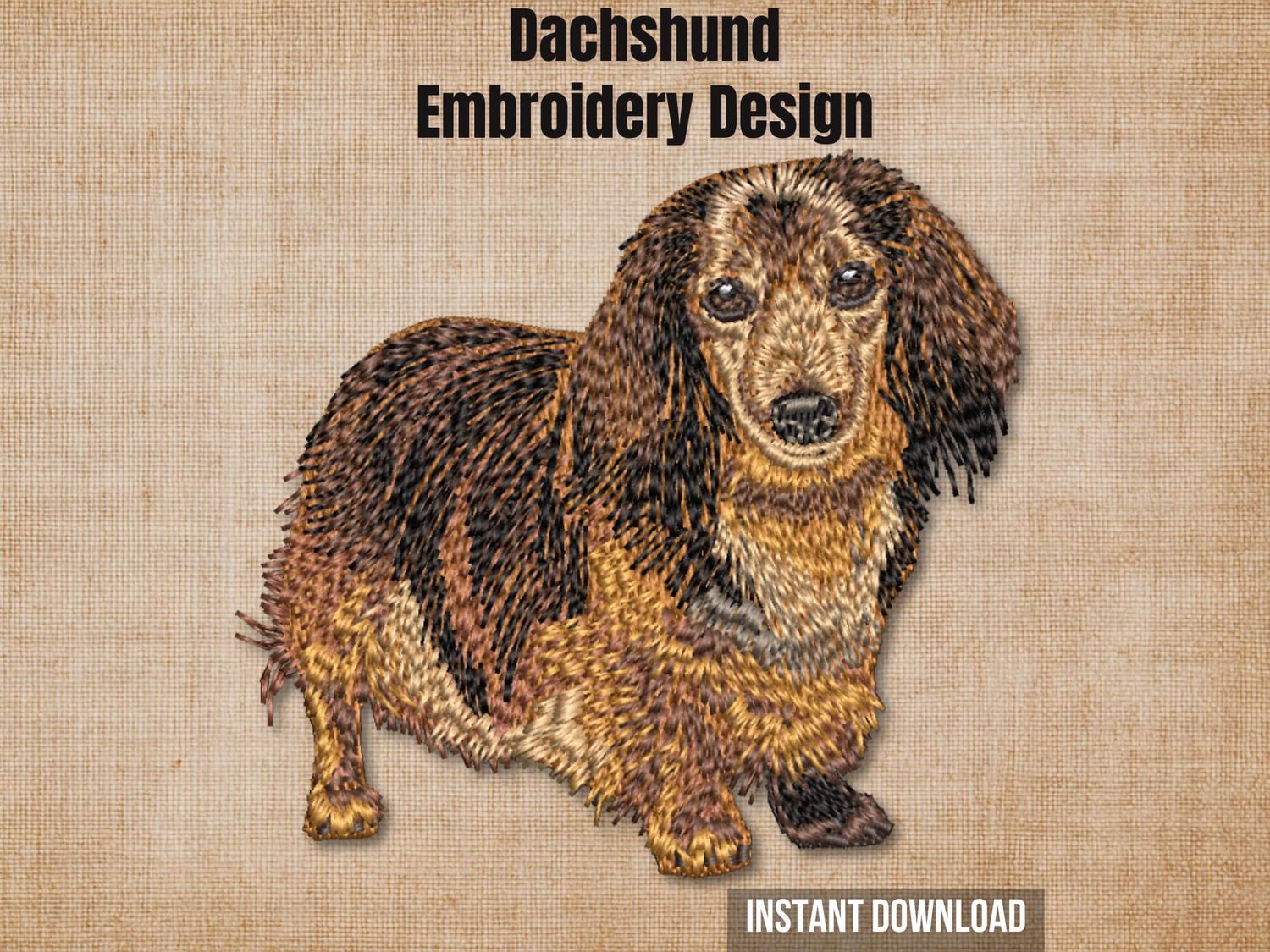 Textured burlap background highlighting the full-body Longhaired Dachshund machine embroidery design