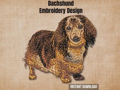 Textured burlap background highlighting the full-body Longhaired Dachshund machine embroidery design