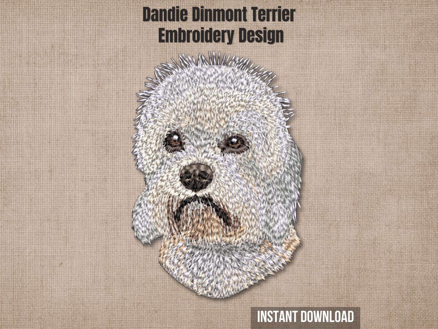 An embroidered Dandie Dinmont Terrier dog head, on a textured beige background with promo text overlays