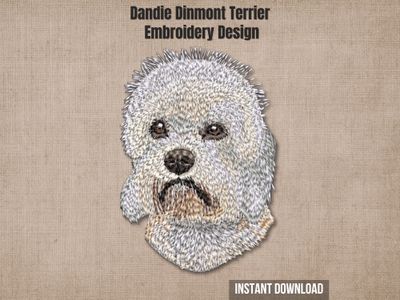 An embroidered Dandie Dinmont Terrier dog head, on a textured beige background with promo text overlays
