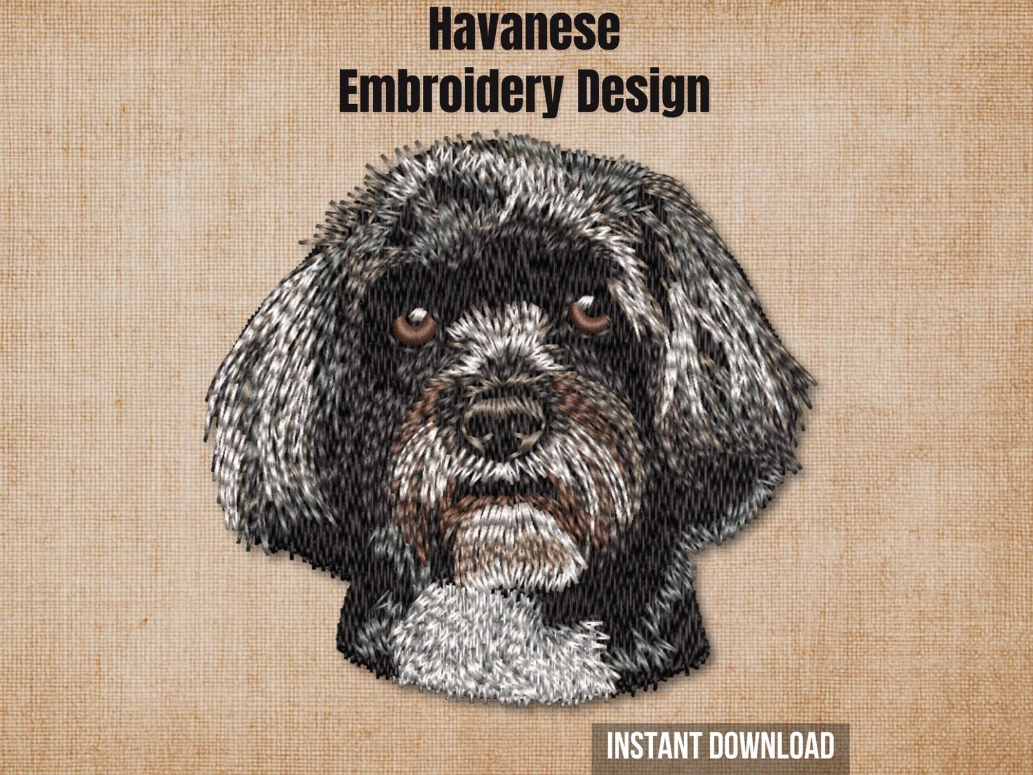 Digital render of a realistic Havanese dog embroidery design on textured fabric with text.