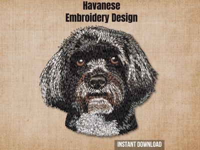 Digital render of a realistic Havanese dog embroidery design on textured fabric with text.