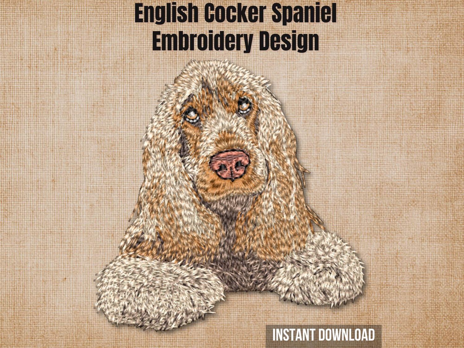 Digital render of a golden English Cocker Spaniel embroidery design on textured fabric with text.