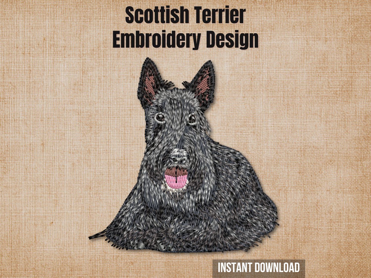Detailed embroidery of a Scottish Terrier dog on a textured beige fabric background with heading text.