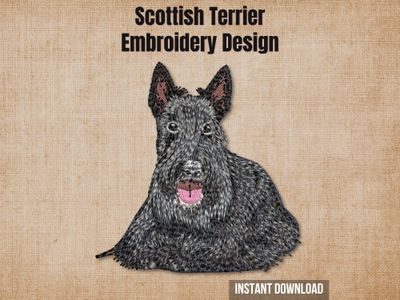 Detailed embroidery of a Scottish Terrier dog on a textured beige fabric background with heading text.
