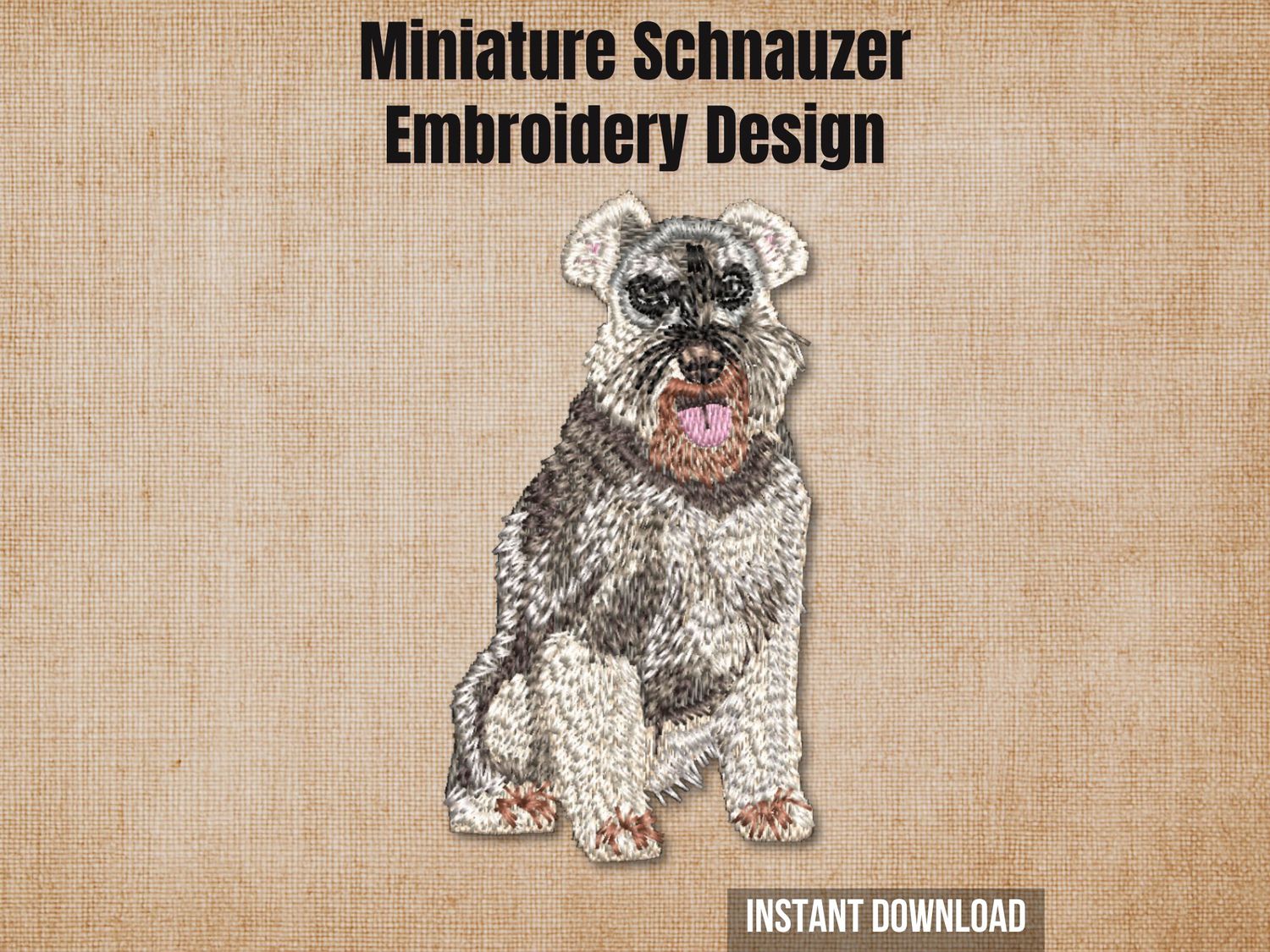 Detailed embroidery of a sitting Miniature Schnauzer dog on a textured beige background with heading text.