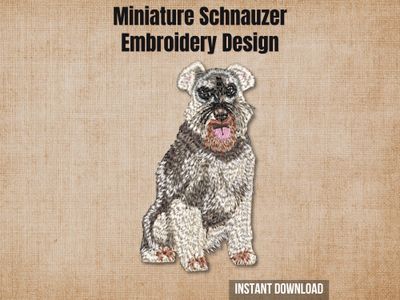 Detailed embroidery of a sitting Miniature Schnauzer dog on a textured beige background with heading text.
