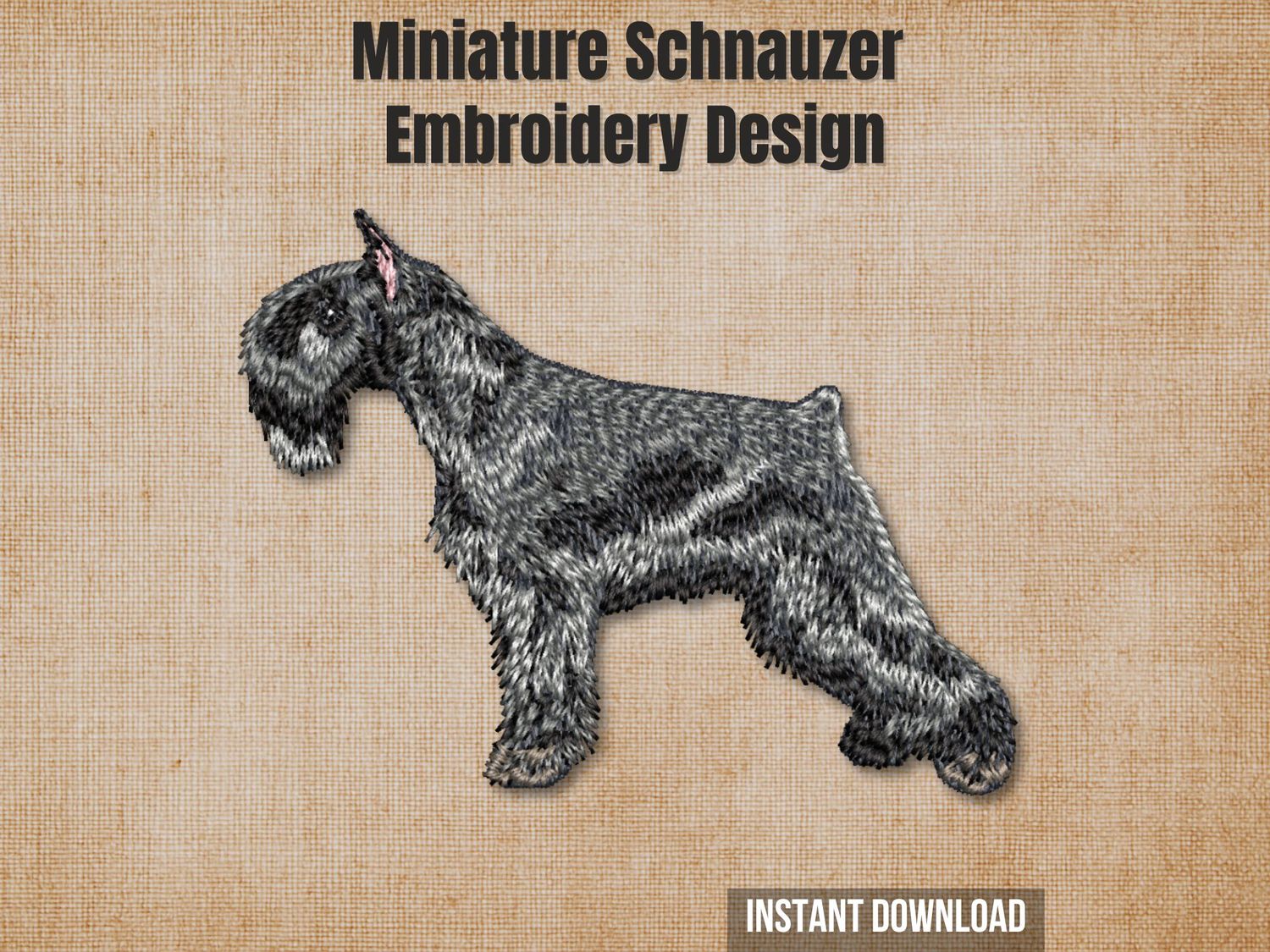 Detailed embroidery of a standing Miniature Schnauzer dog on a textured beige background with text overlays.