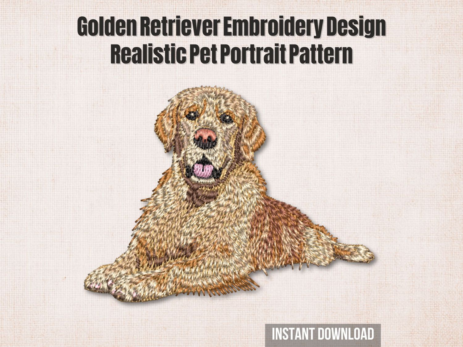 Embroidery of Golden Retriever dog lying down, stitched in gold and brown thread with lifelike fur texture on a light fabric.