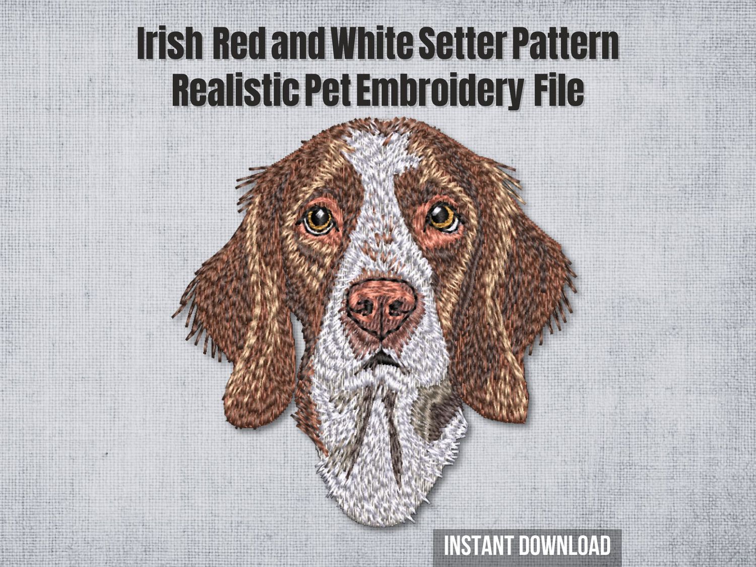 Irish Red and White Setter embroidery with golden eyes and soft fur texture on a dark grey background.
